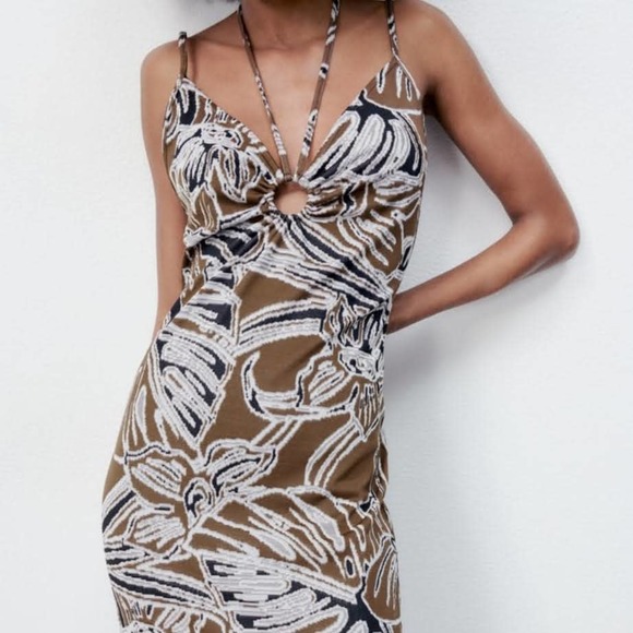 ZARA Printed Jacquard Dress Brown Palm Size Large - Picture 1 of 9